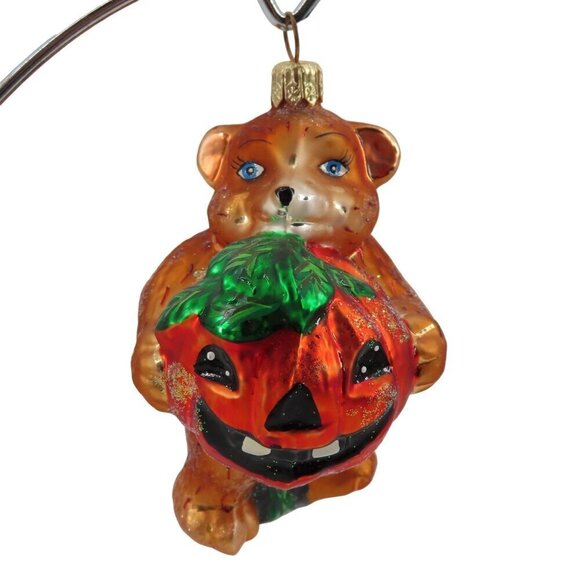 Christopher Radko Punkin Prize Teddy Bear Jack O Lantern Pumpkin Glass Ornament - Picture 1 of 7